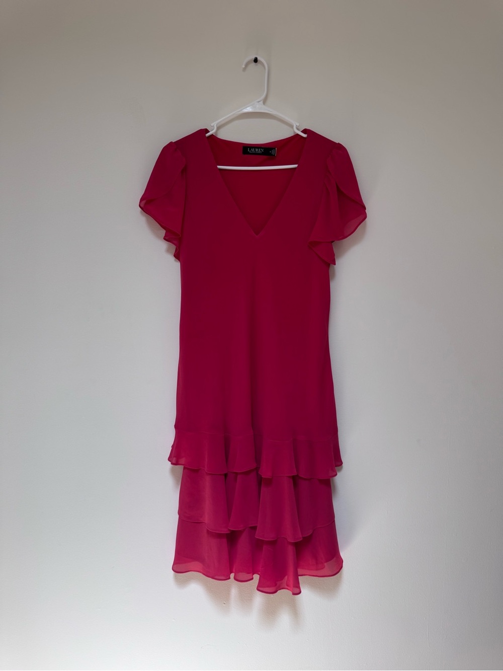 Lauren Ralph Lauren Fuchsia Tiered Ruffle V-Neck Dress
